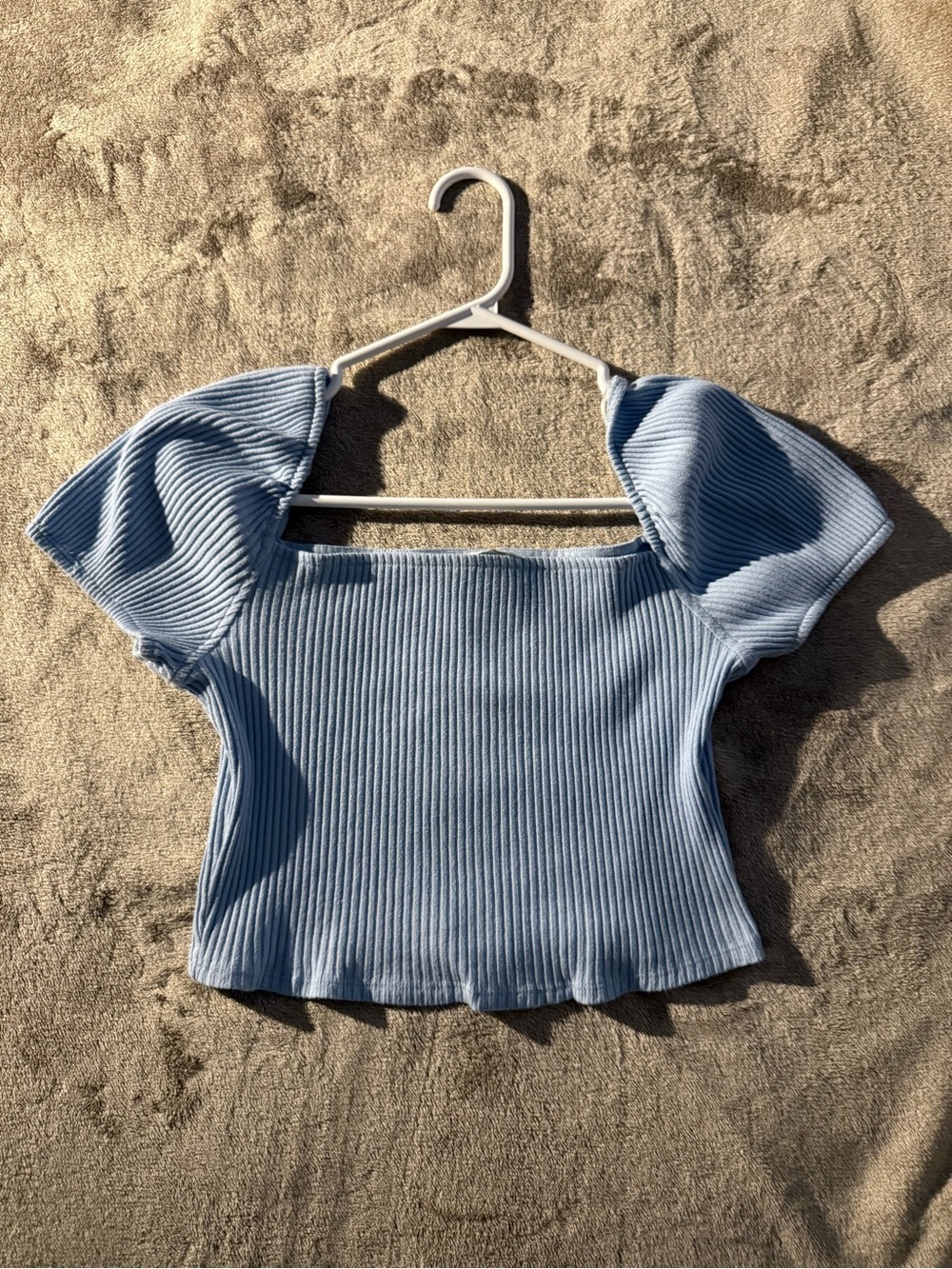 H&M - Square Neck Ribbed Puff Sleeve Top - Light Blue